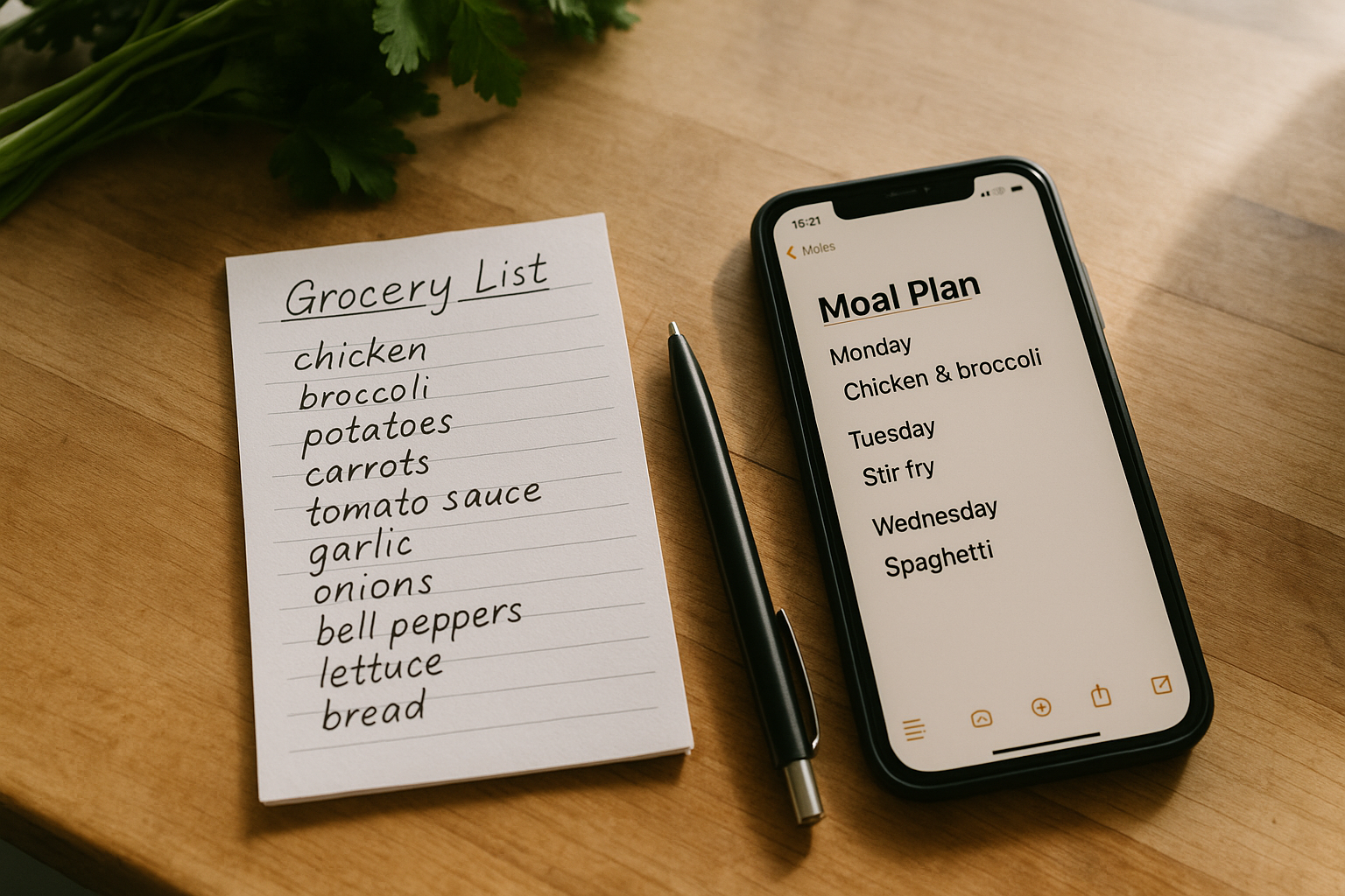 A simple meal plan and grocery list ready for shopping