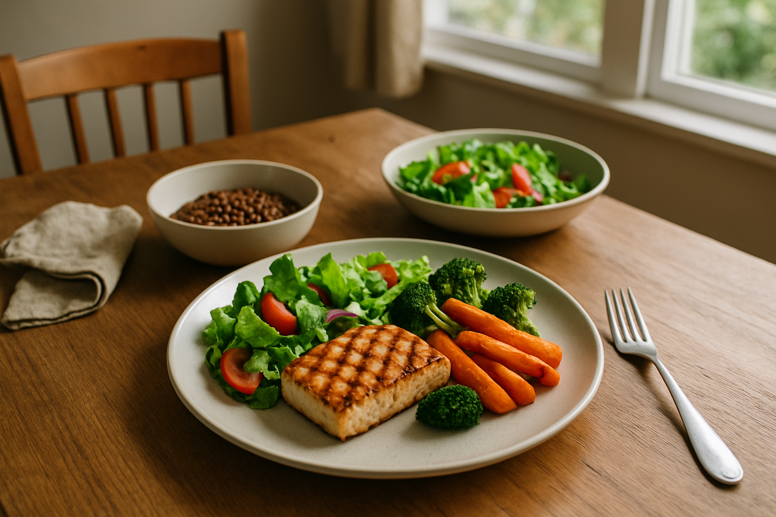 Simple balanced meal made from planned supermarket shopping ingredients