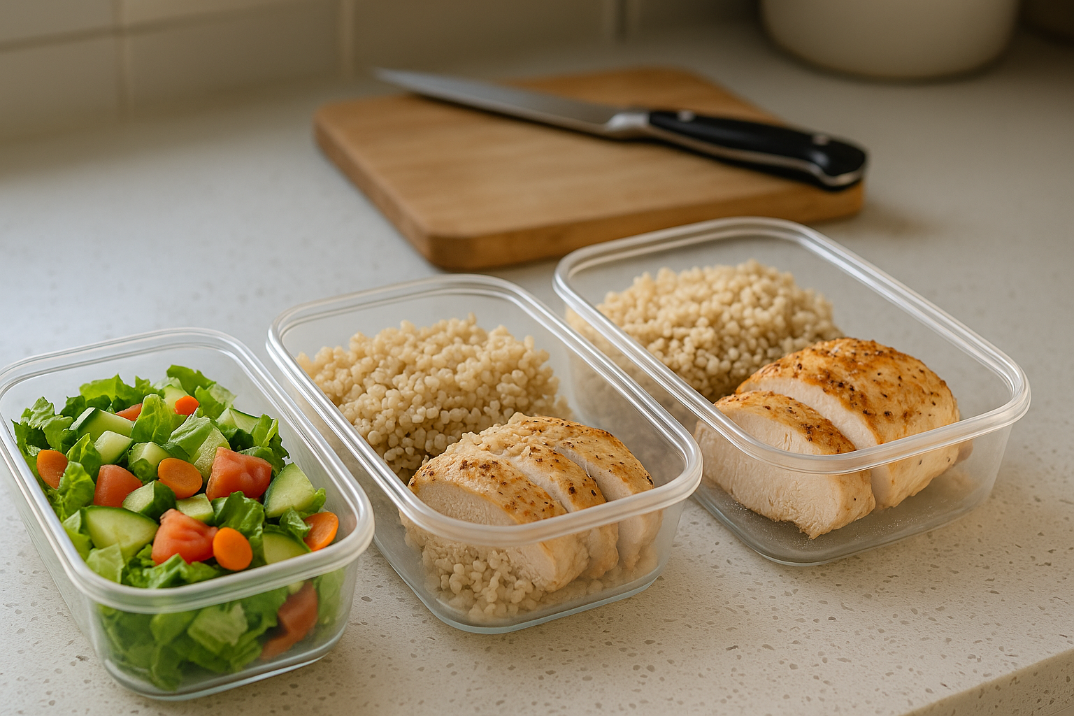Simple meal prep containers on a kitchen counter for healthier routines
