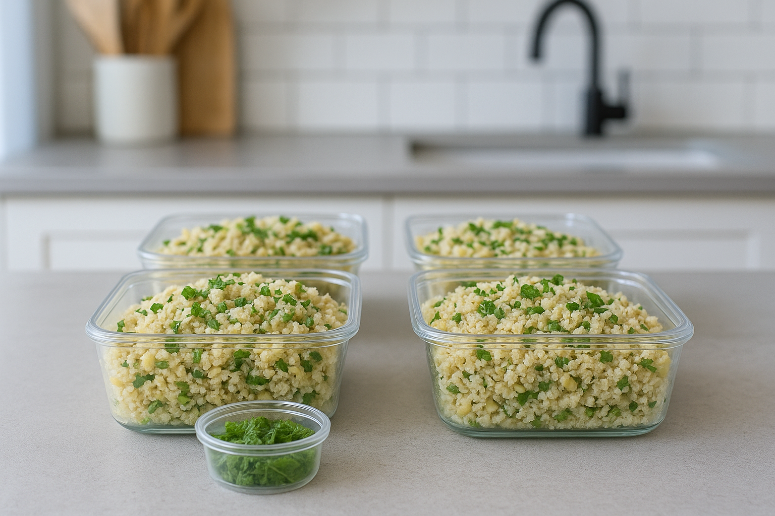 Meal prep containers of minty cauliflower fried rice with herbs kept separate