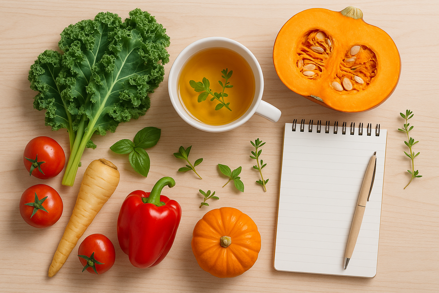 A collection of seasonal vegetables and a cup of herbal tea, representing seasonal naturopathic planning.