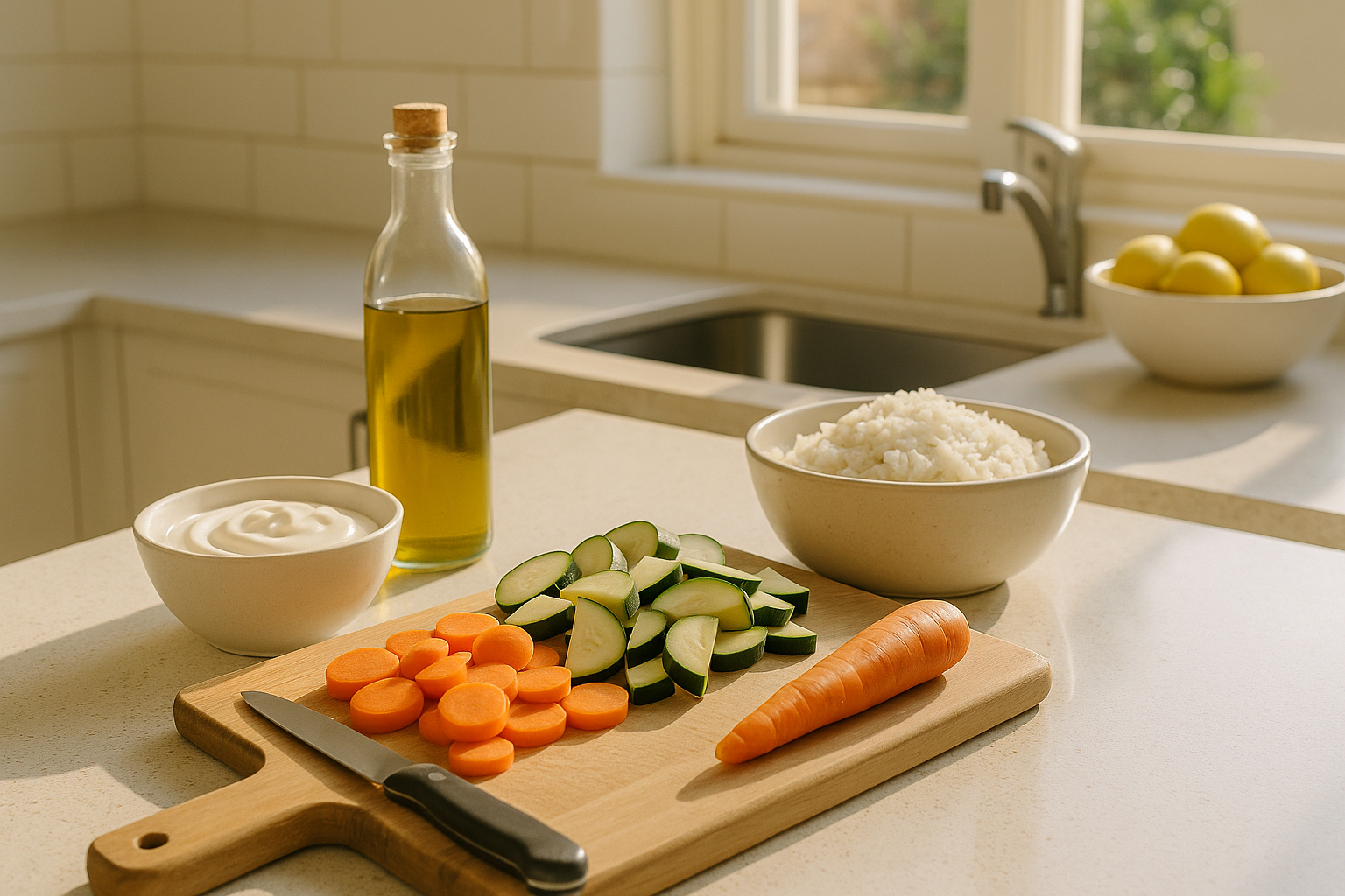 Gut-friendly meal prep setup in a bright kitchen