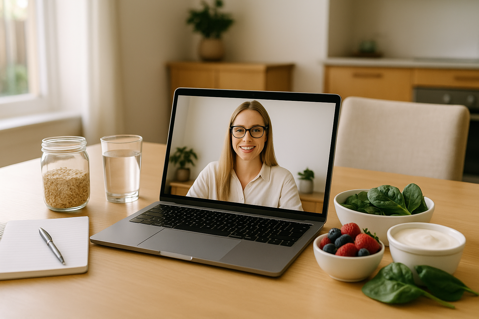 Telehealth dietitian consultation setup with notebook and healthy groceries