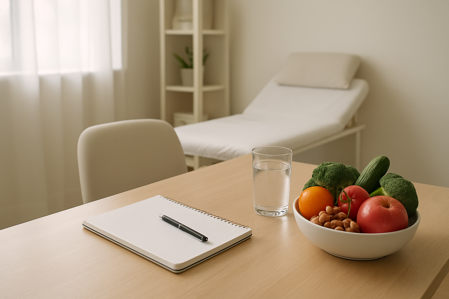 Calm clinic consultation setting with notepad and whole foods, representing Gold Coast naturopath guidance