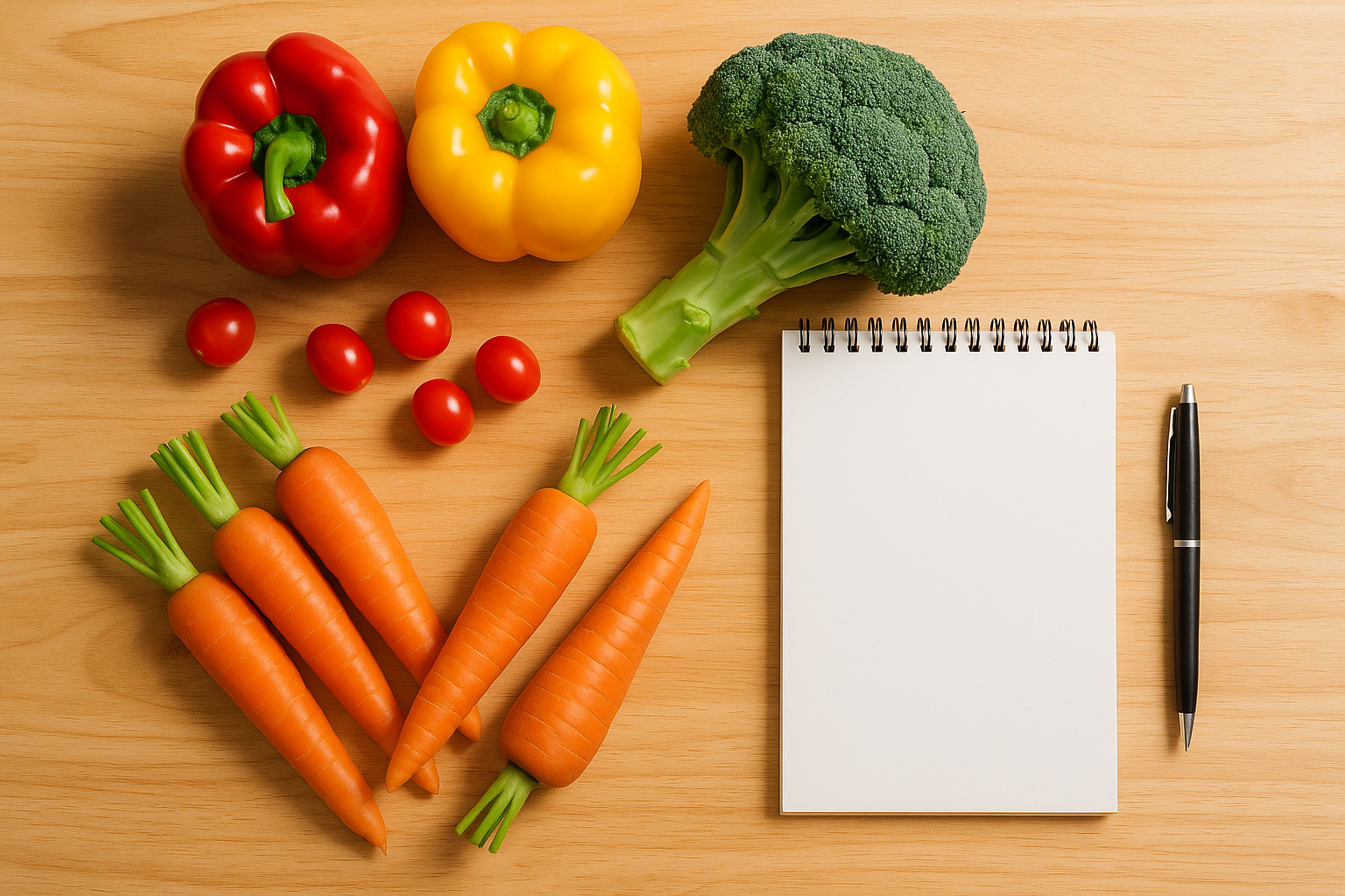 Fresh vegetables and a notepad ready for NDIS meal planning on a Gold Coast kitchen bench.
