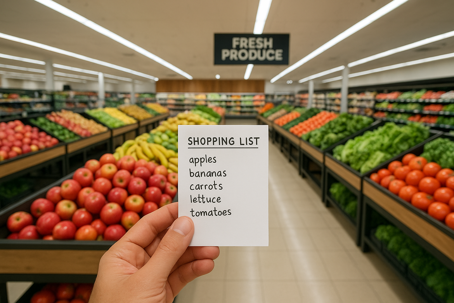 A person's view looking down a bright supermarket aisle towards the fresh fruit and vegetables.