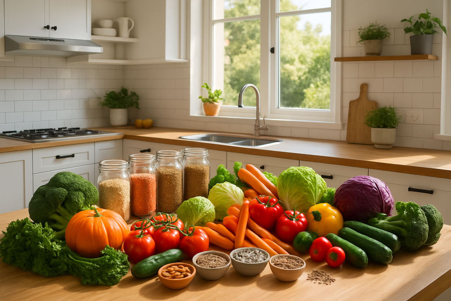 A clean kitchen benchtop on the Gold Coast, arranged with fresh, healthy whole foods.