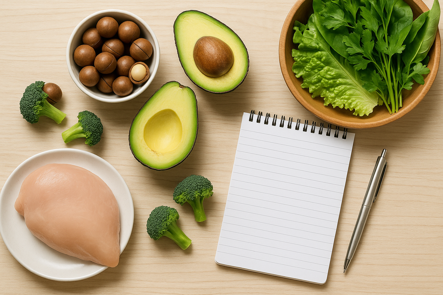 A notepad and pen next to fresh, healthy foods, representing a personalised nutrition plan.