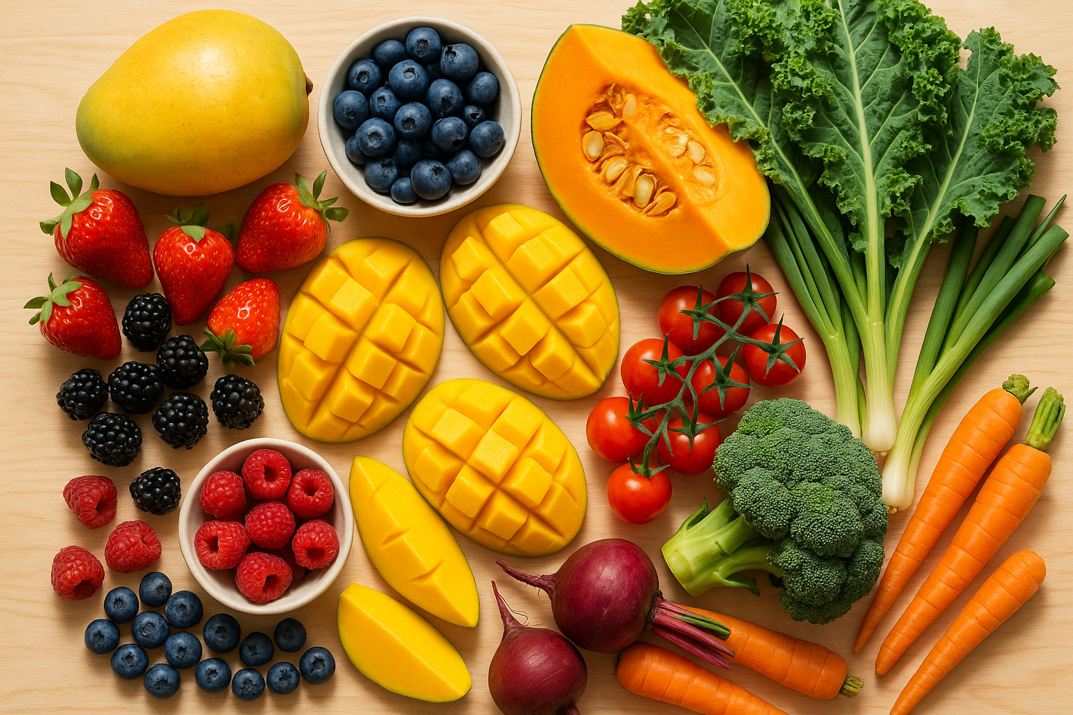 A variety of fresh seasonal Australian fruits and vegetables representing year-round seasonal nutrition support.