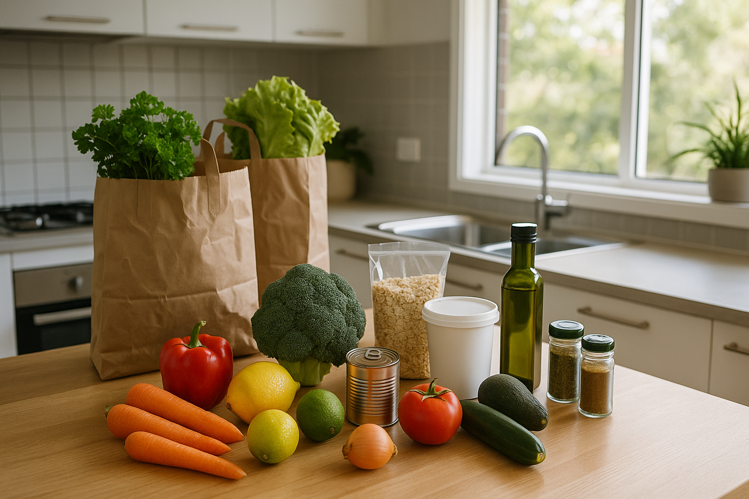 Gold Coast supermarket shopping essentials laid out on a kitchen bench