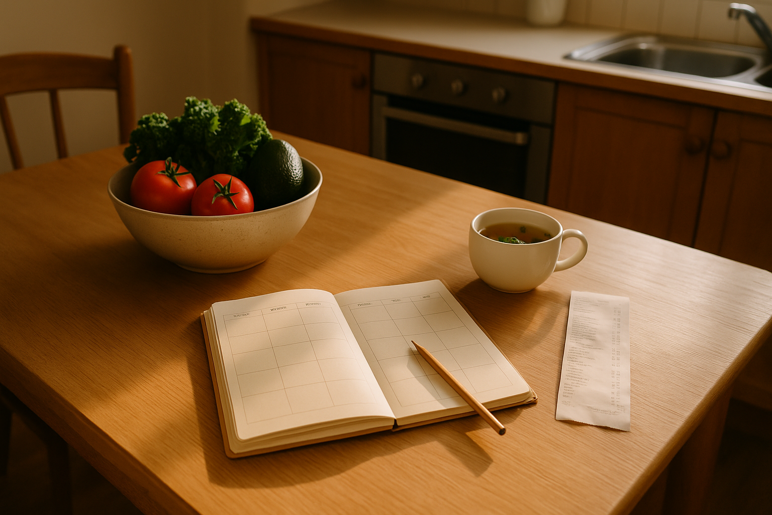 Weekly budget planner and healthy groceries on a kitchen table