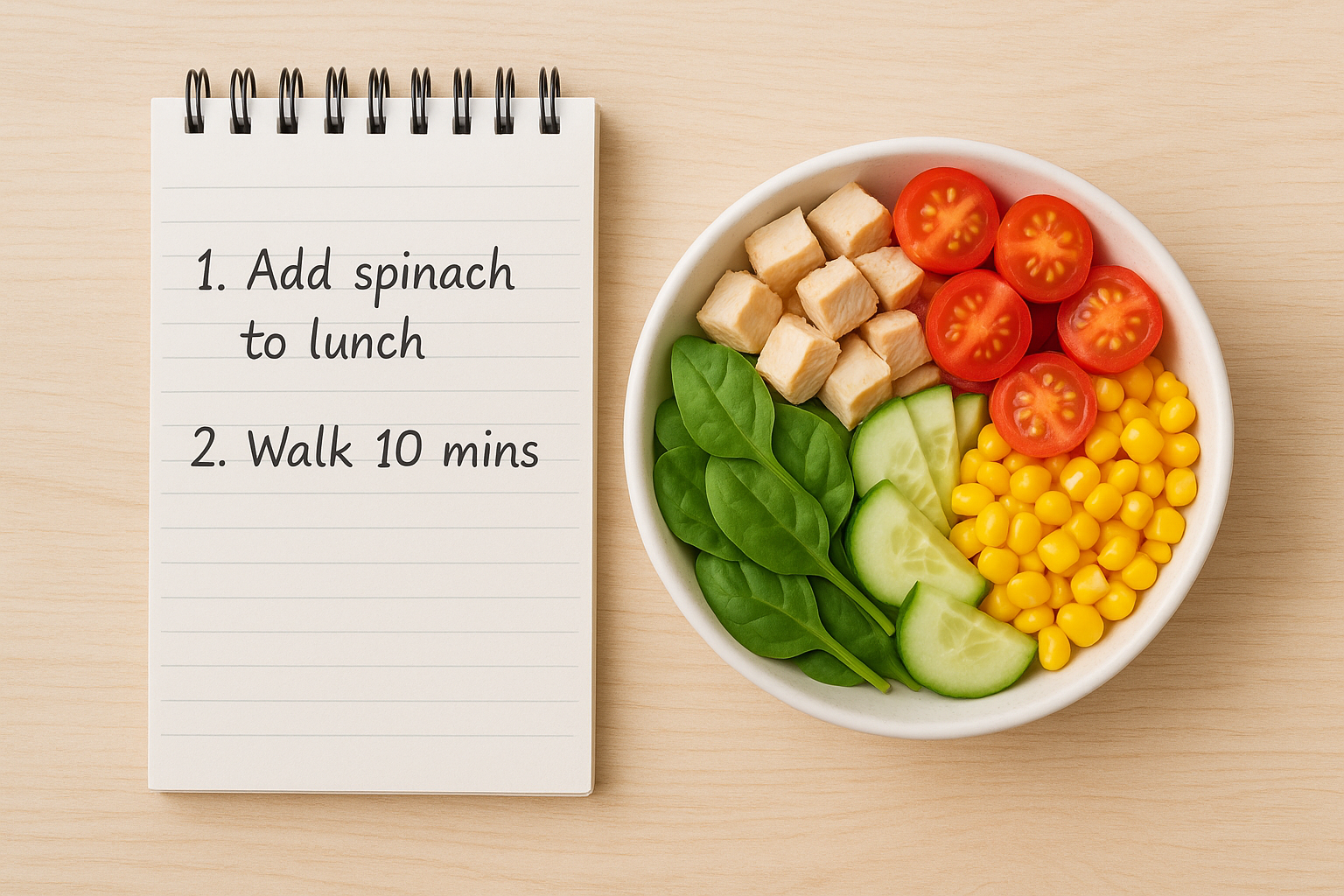 A notepad with small health goals written on it next to a healthy salad.