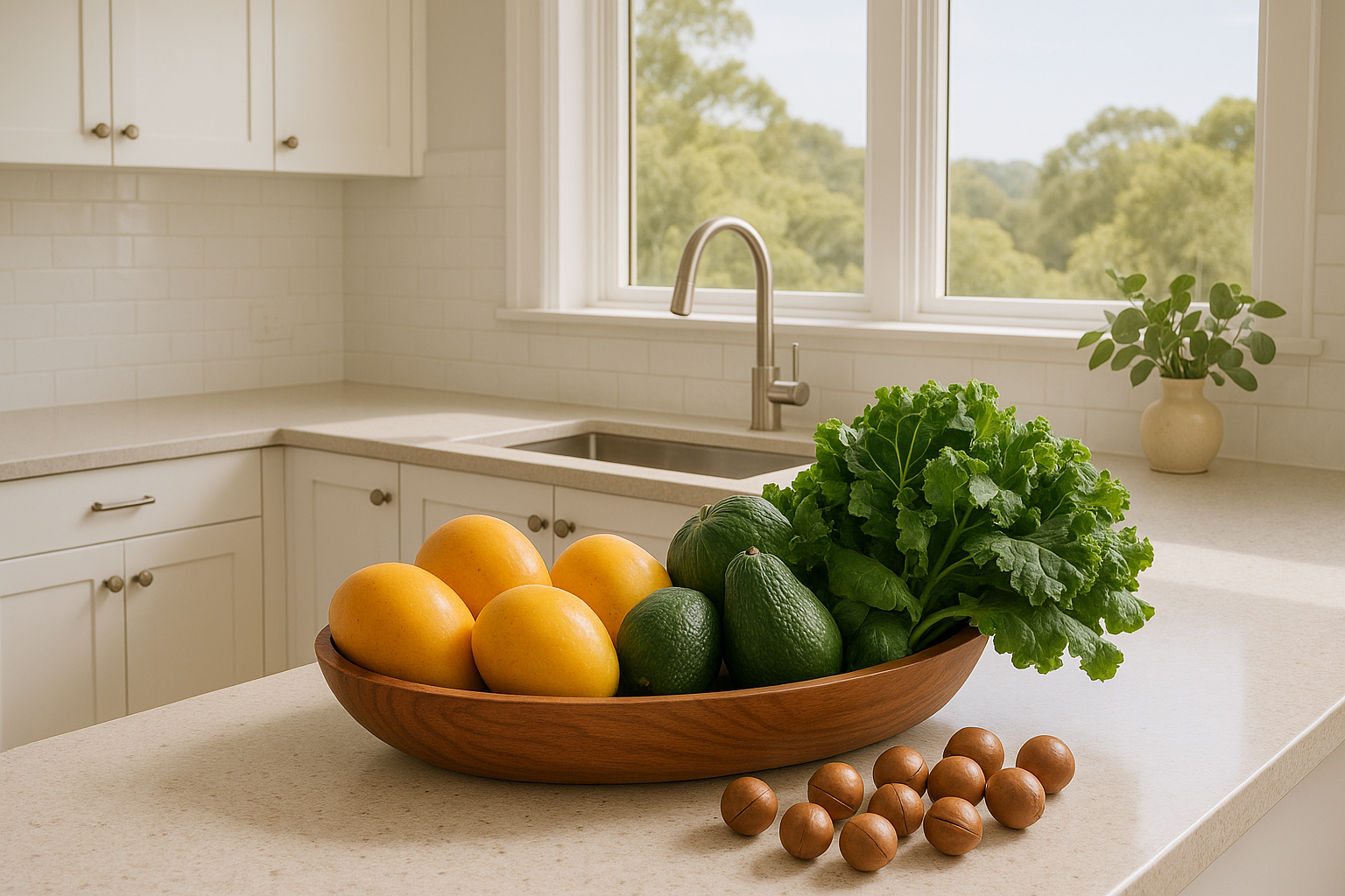 Fresh local produce on a kitchen bench, representing a foundational approach to health.
