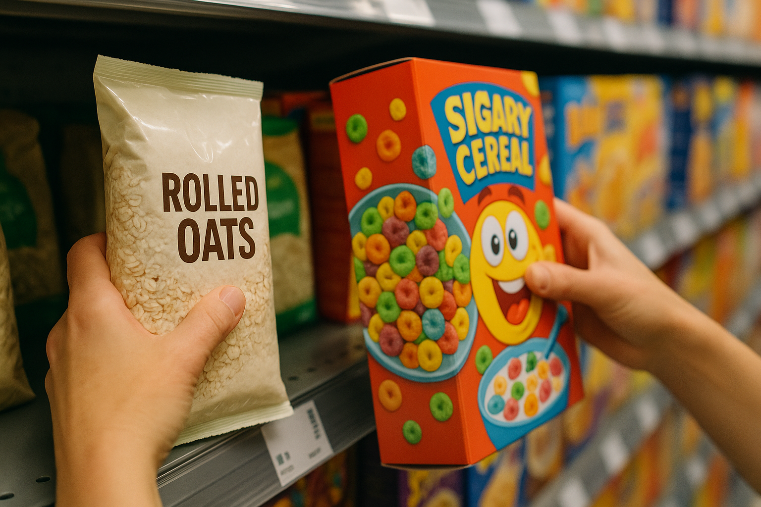 A person swapping a box of sugary cereal for a bag of healthy rolled oats in a supermarket.
