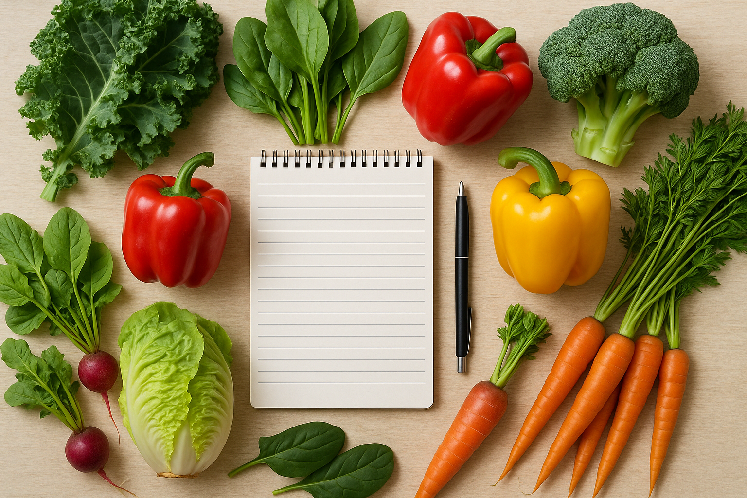 Fresh vegetables and a notepad, representing personalised nutrition planning.