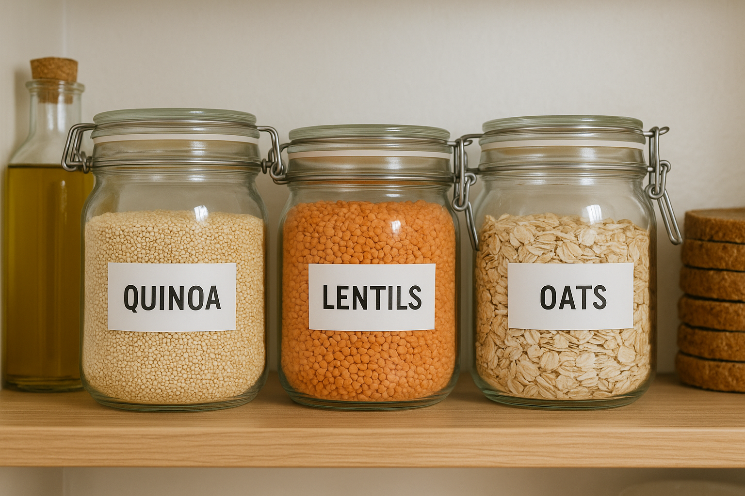 Pantry staples like grains and nuts organised in clear jars.
