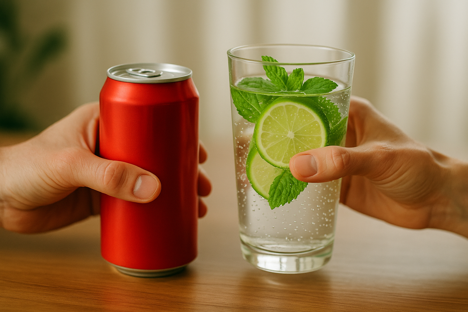 A hand choosing a healthy glass of water over a sugary soft drink.