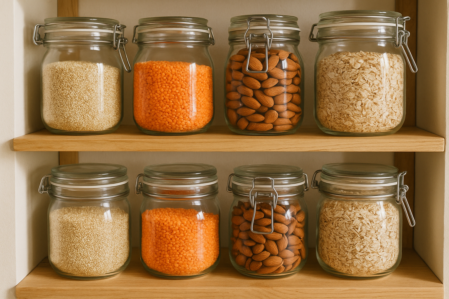 An organised pantry with healthy staples in clear glass jars.