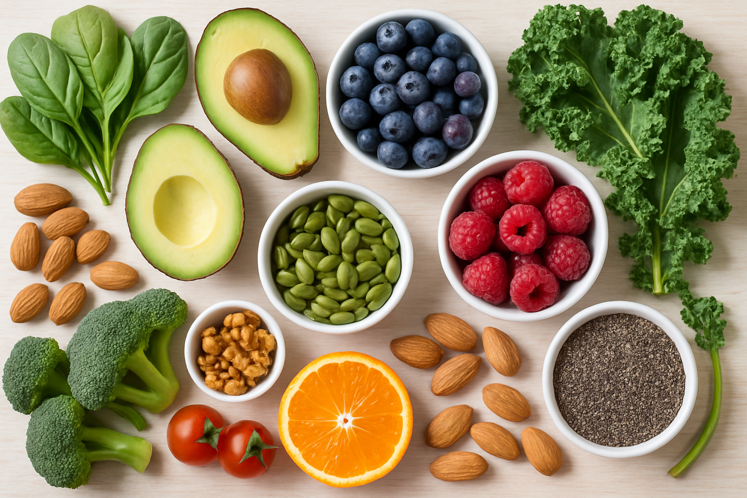 A variety of healthy foods representing the core of nutritional advice.