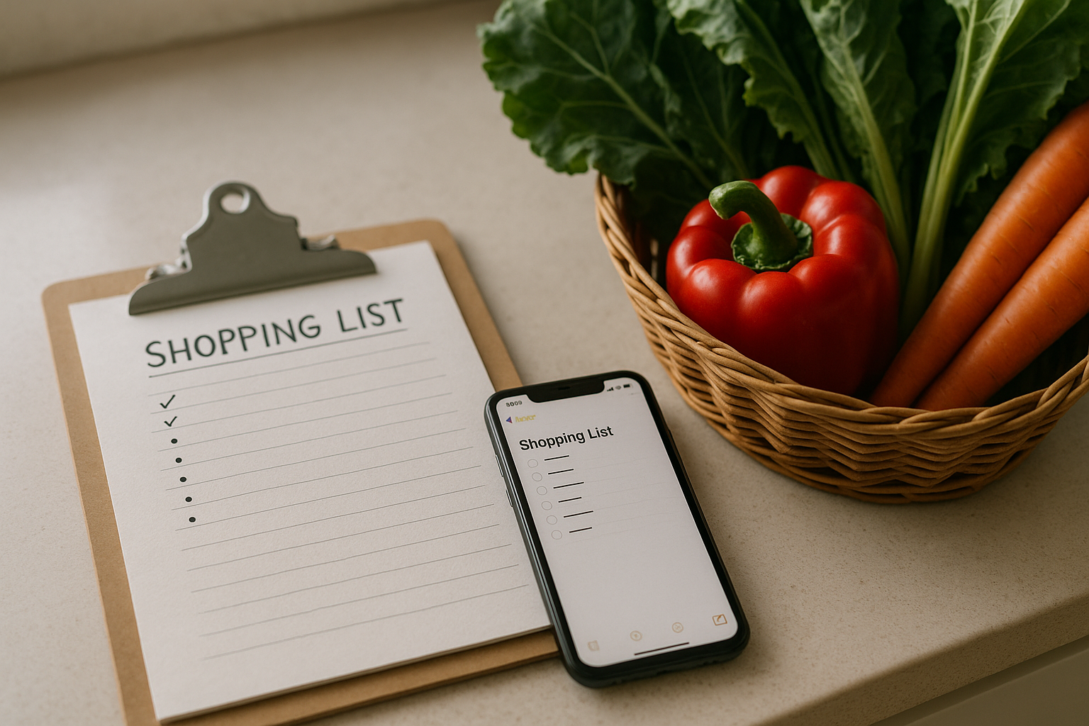 Simple shopping list and fresh produce for a planned supermarket shop