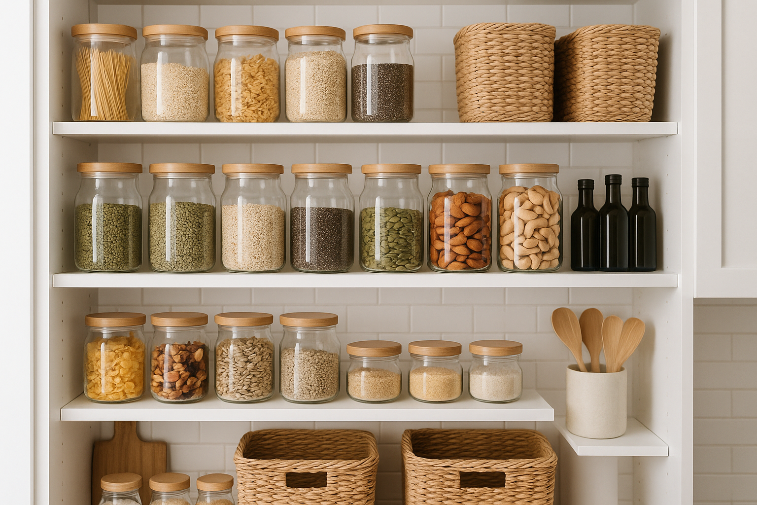 A well-organised pantry representing a full kitchen remodel, with healthy wholefoods in jars.
