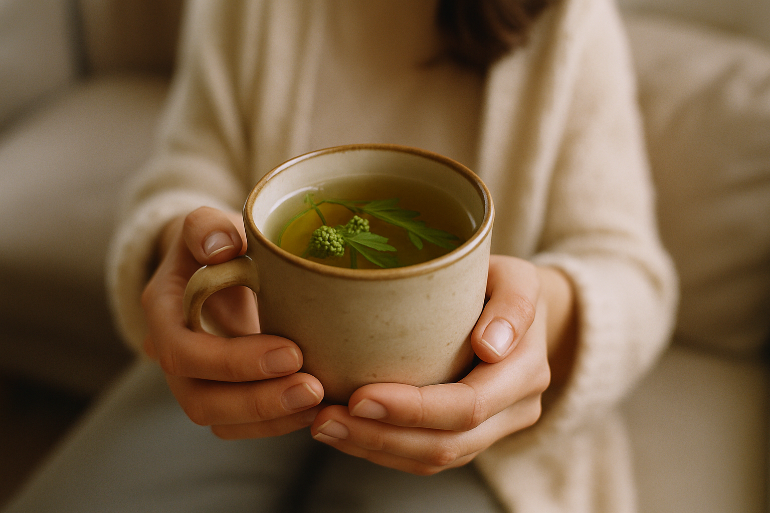 A person holding a mug of herbal tea, symbolising naturopathic lifestyle support.