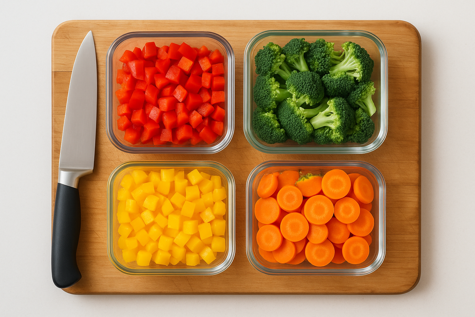 Colourful chopped vegetables prepped for healthy meals.
