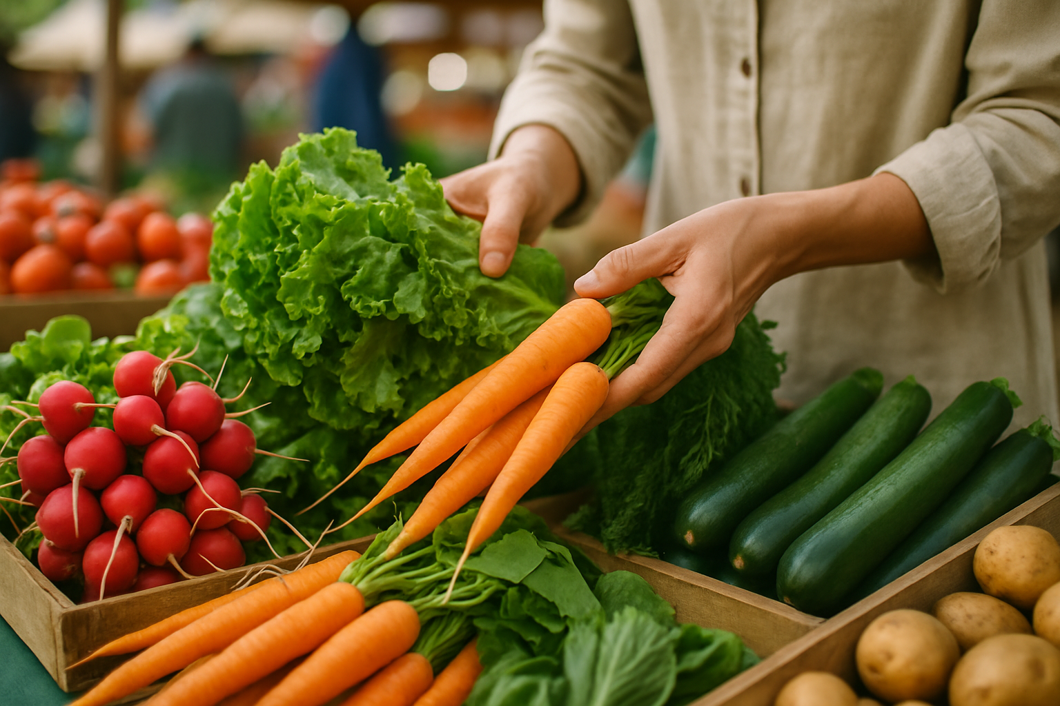 Choosing fresh, local produce at a Gold Coast farmers' market.