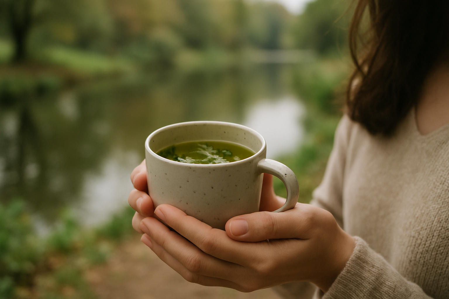 A person holding a warm mug, symbolising the use of herbal medicine for calm and wellbeing.