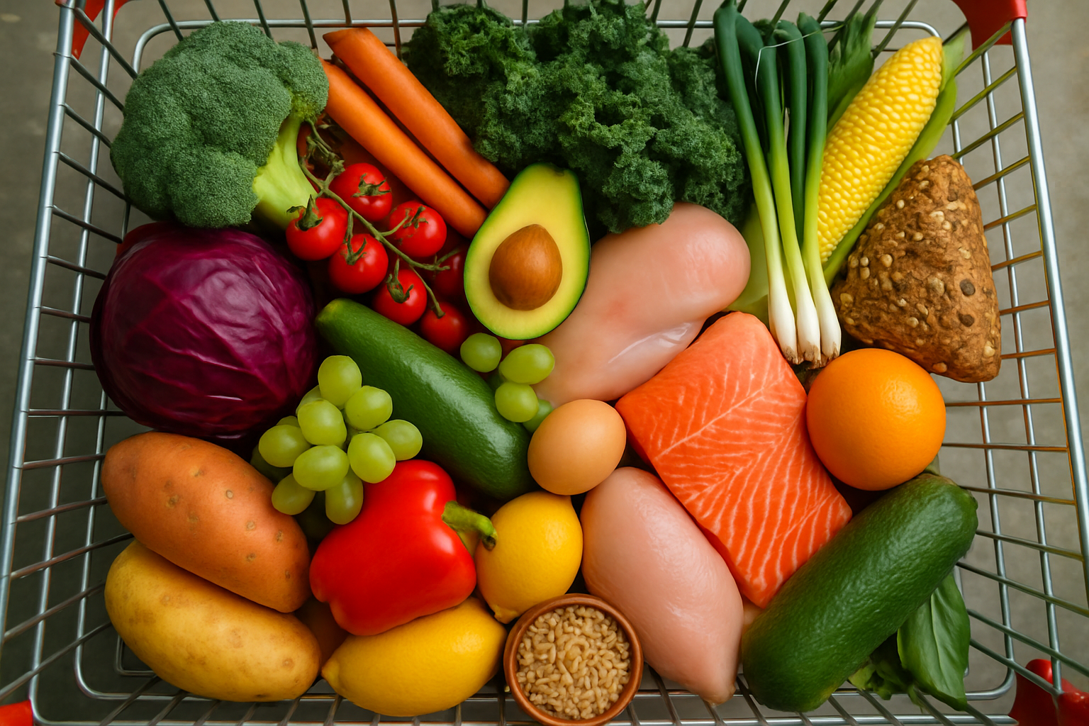 A shopping trolley packed with a wide array of fresh, healthy food.