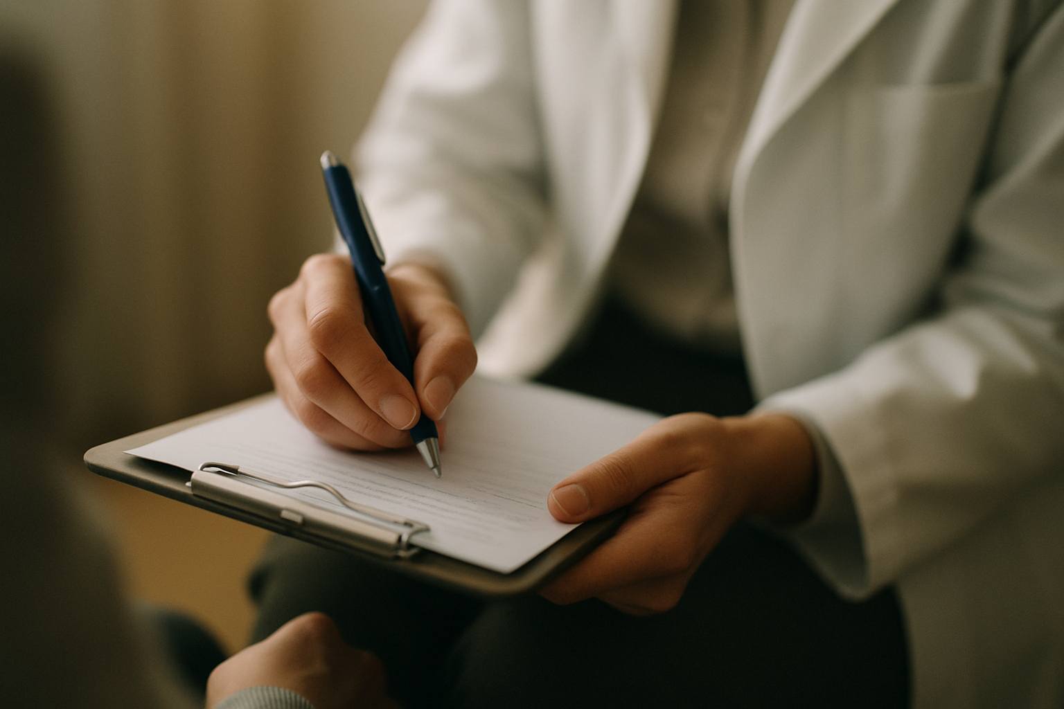 A practitioner taking detailed notes during a health consultation.