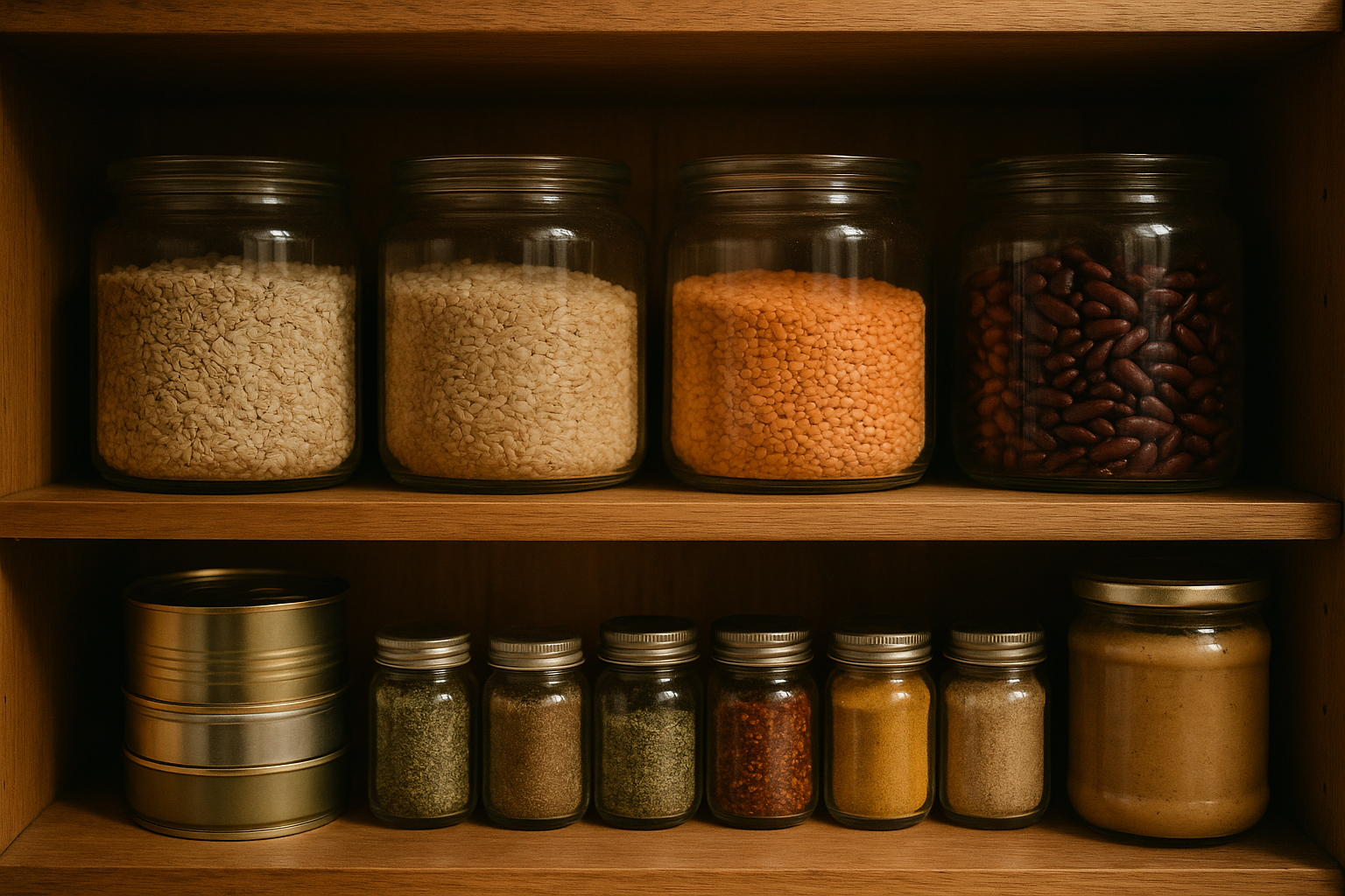 A pantry organised into staple food groups for quicker weekly shopping
