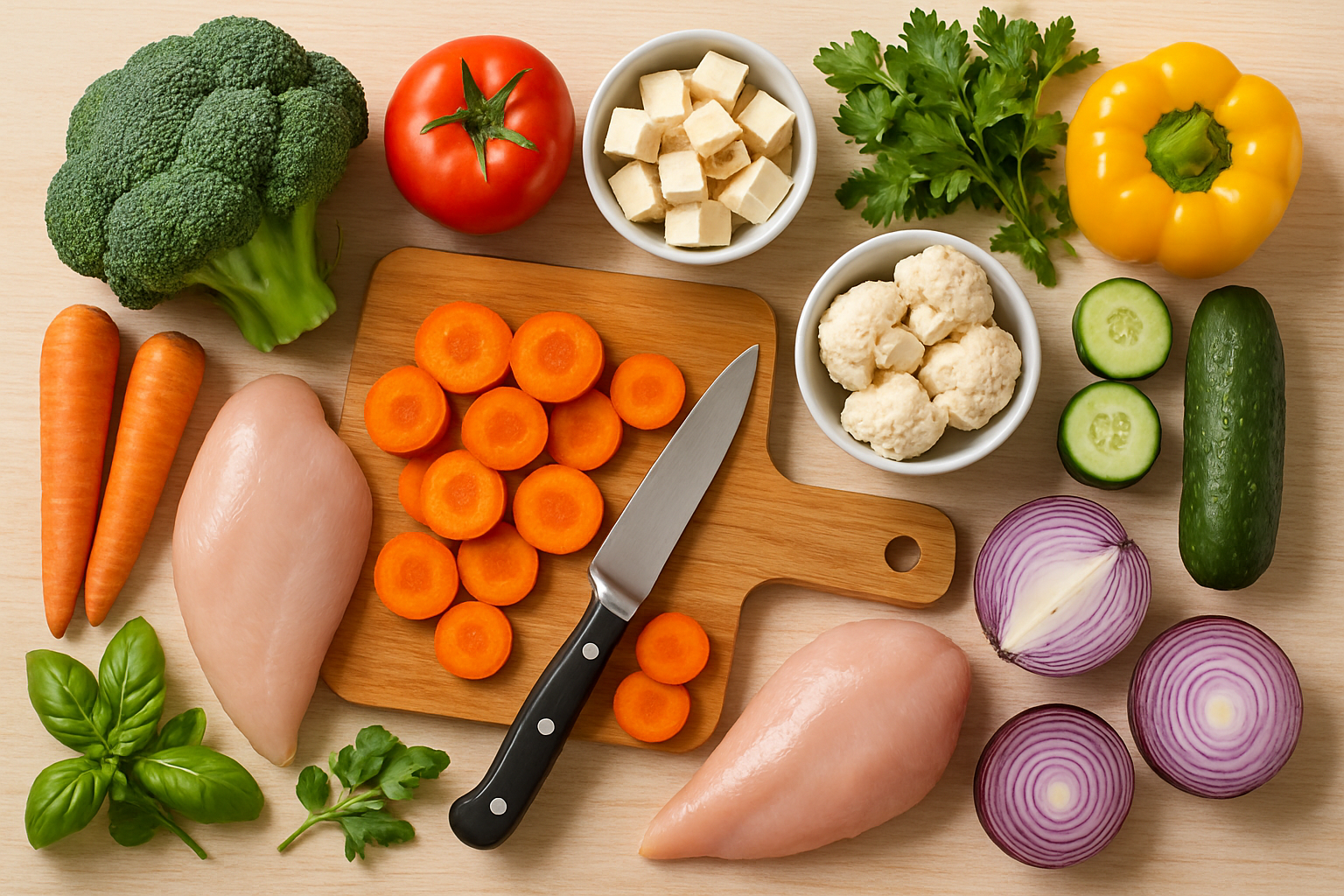 Fresh, colourful ingredients laid out on a kitchen counter ready for meal prep.