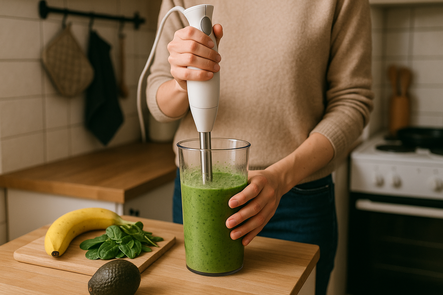 A space-saving stick blender being used in a small kitchen.