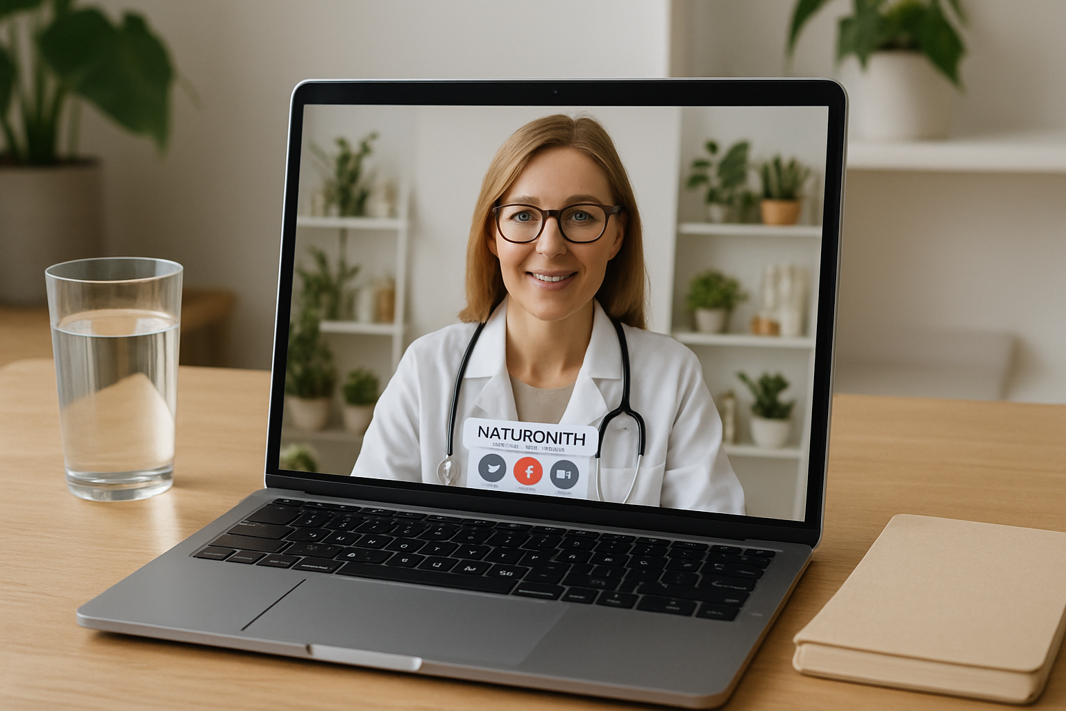 A laptop showing a telehealth nutritionist consultation in progress.