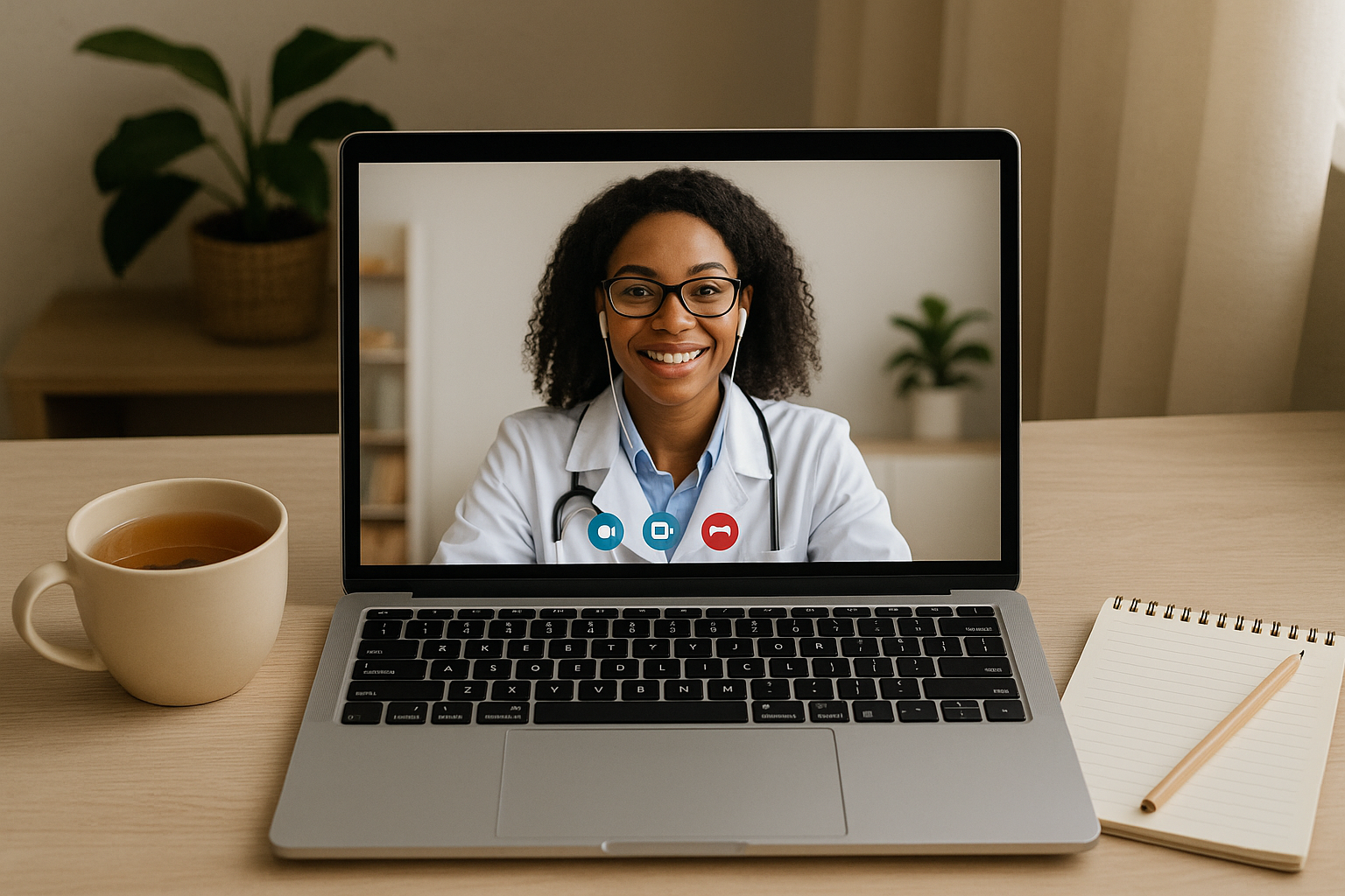 A comfortable home setup for an online naturopath consultation.