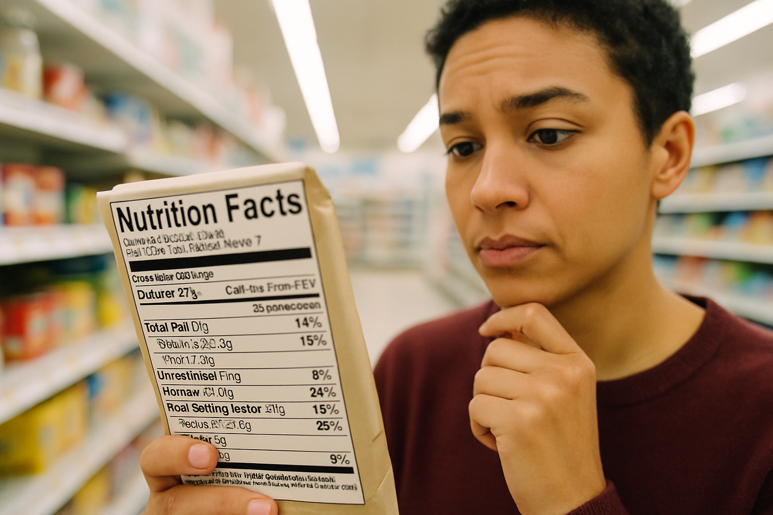 A person reading a nutrition label carefully in a supermarket.