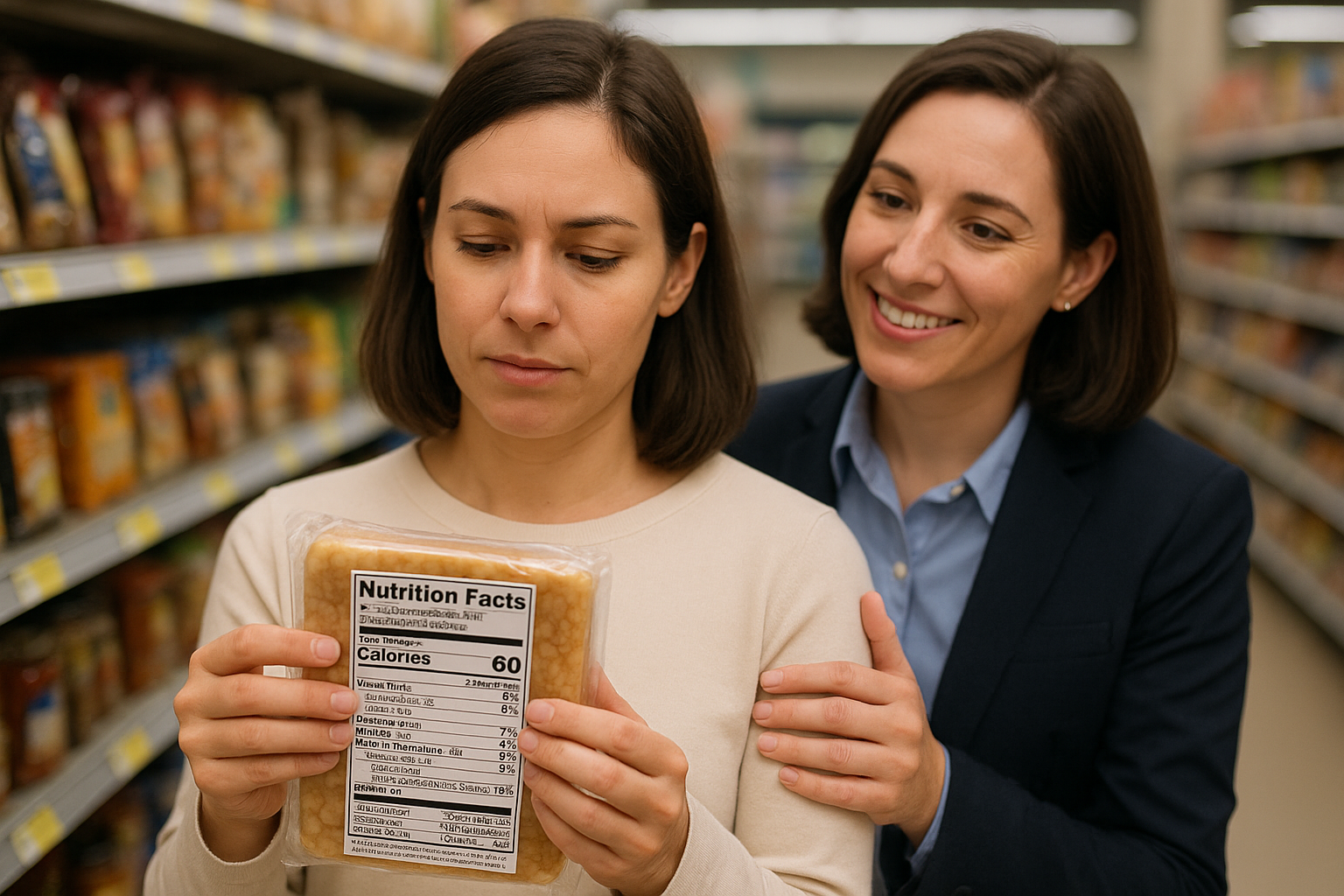 A nutritionist helping a client read and understand a food label in a supermarket aisle.