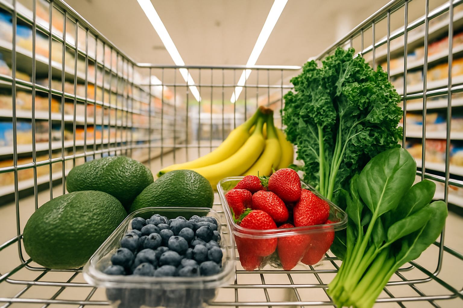 A shopping trolley full of fresh, healthy food during a guided supermarket tour.