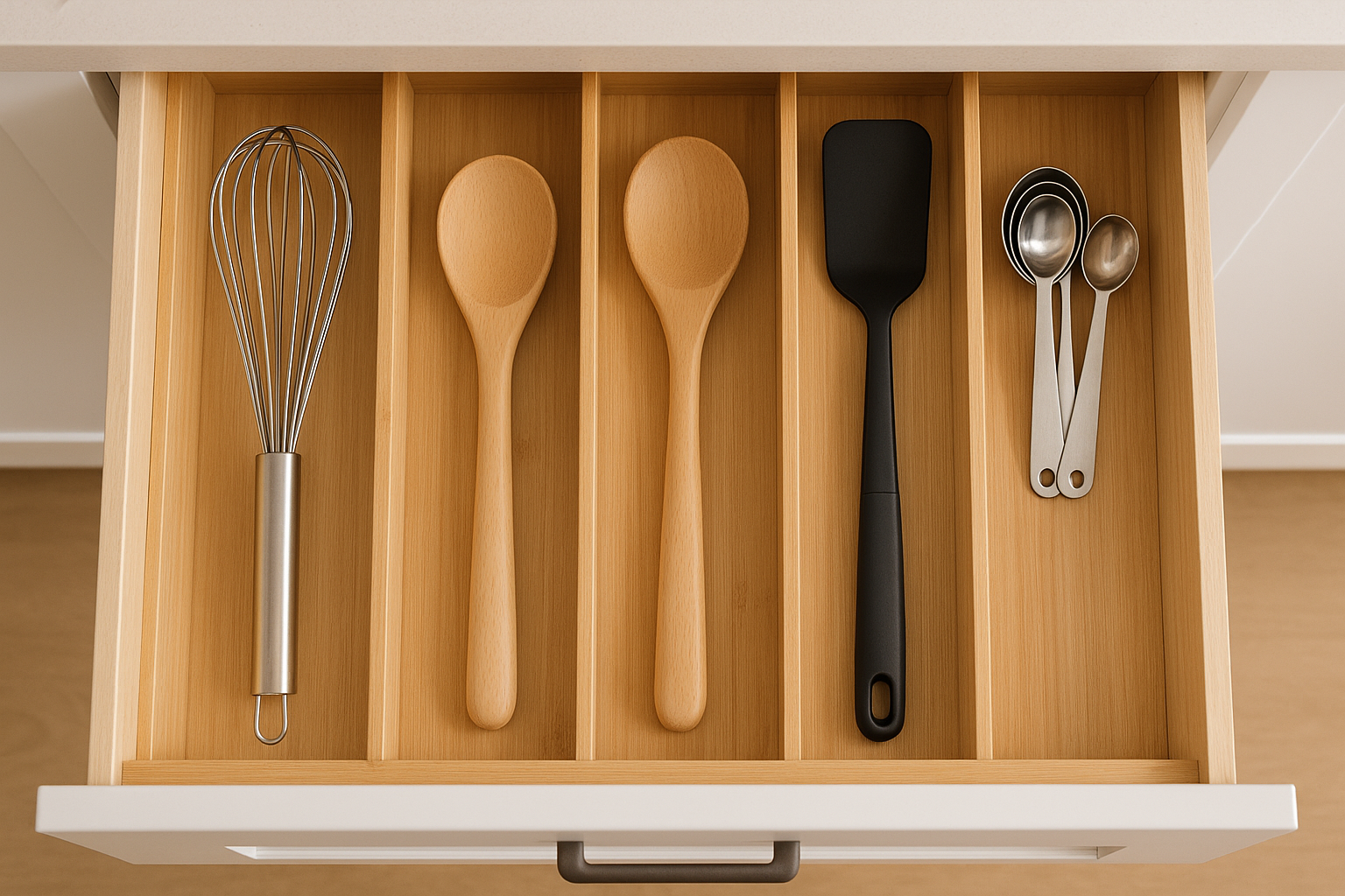 A neatly organised kitchen drawer with essential utensils.