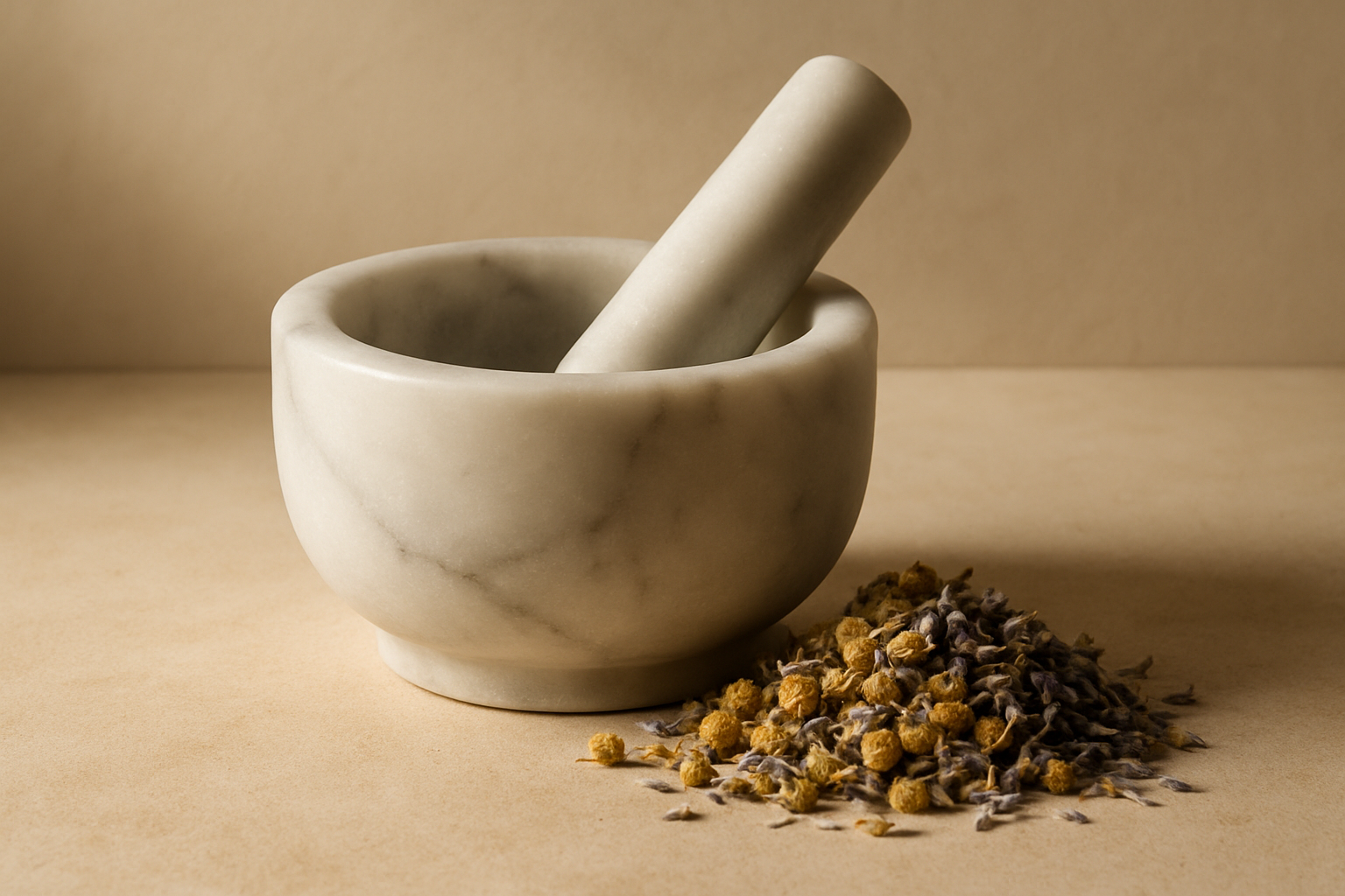 A mortar and pestle with dried herbs, illustrating the foundations of herbal medicine in naturopathy.