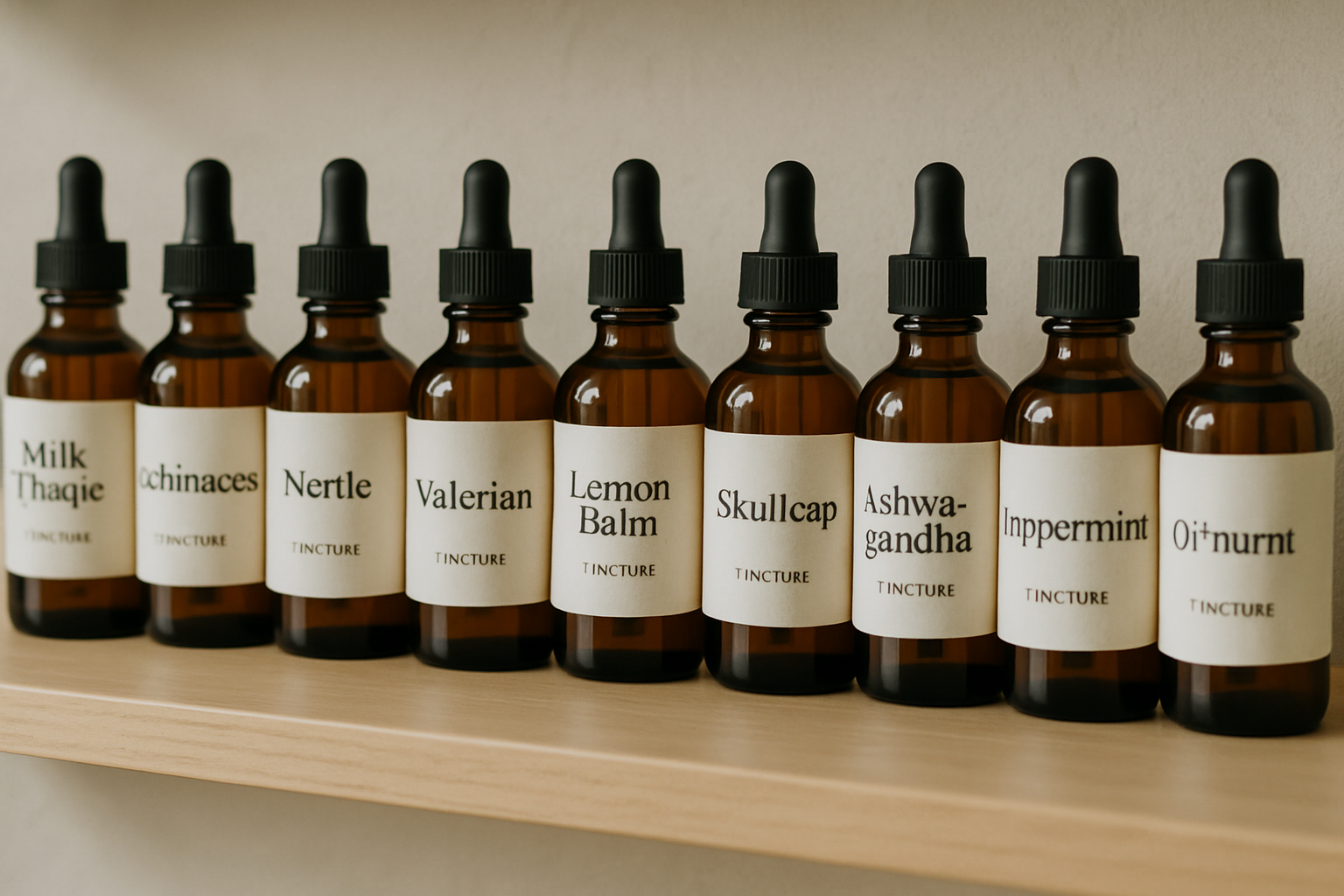 A shelf of herbal medicine tinctures used in naturopathy.
