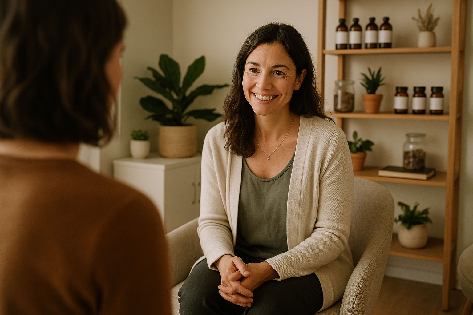 A caring naturopath listening to a client in a Gold Coast clinic.