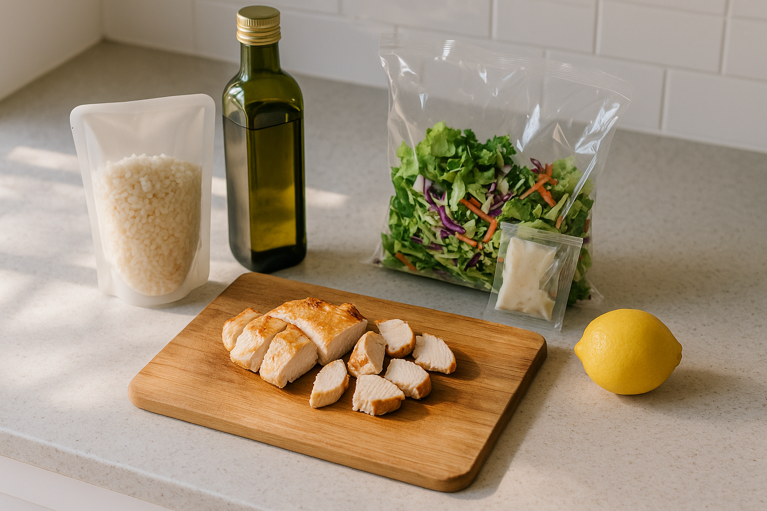 Quick weeknight meal ingredients chosen during a supermarket shop