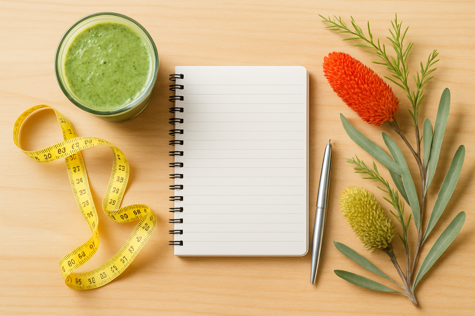 A health planning checklist on a table with a healthy smoothie, symbolising the start of a health journey.