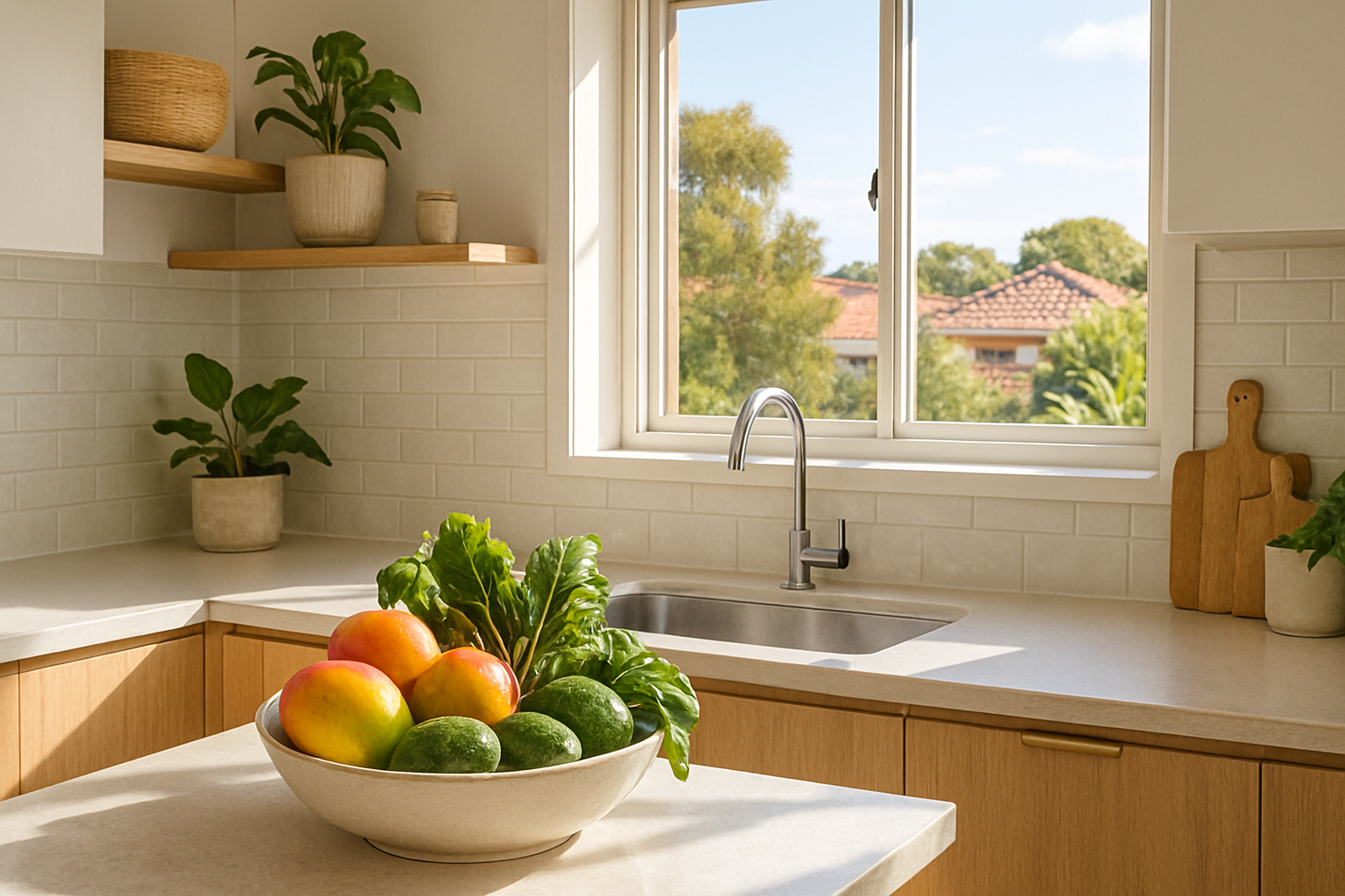 A healthy Gold Coast kitchen with fresh local fruit and vegetables on the counter.