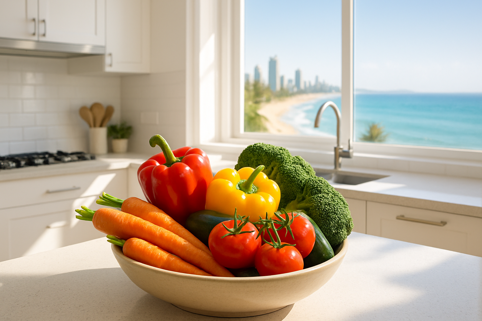 Fresh produce in a modern kitchen, representing a healthy lifestyle supported by a Gold Coast naturopath.