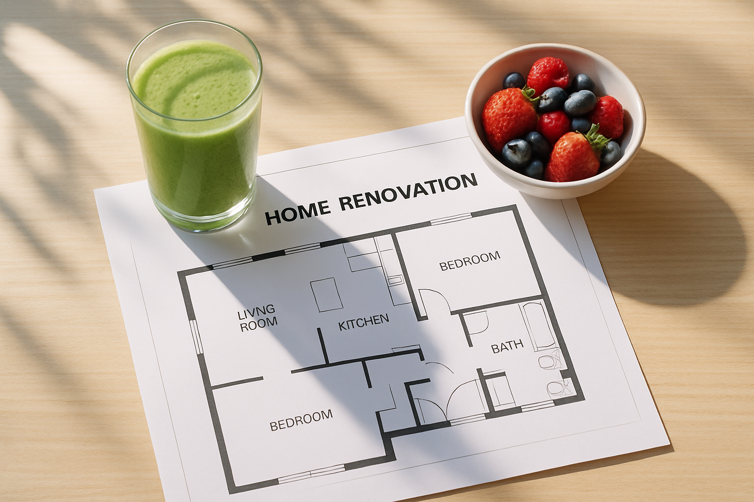A Gold Coast home renovation plan on a table next to a healthy green smoothie.
