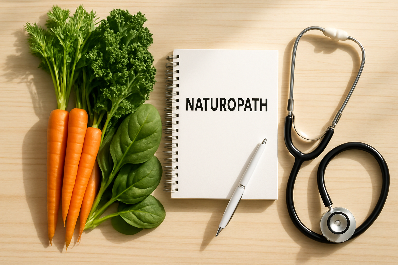 A collection of fresh vegetables, a notebook, and a stethoscope representing a holistic naturopath nutritionist consultation.