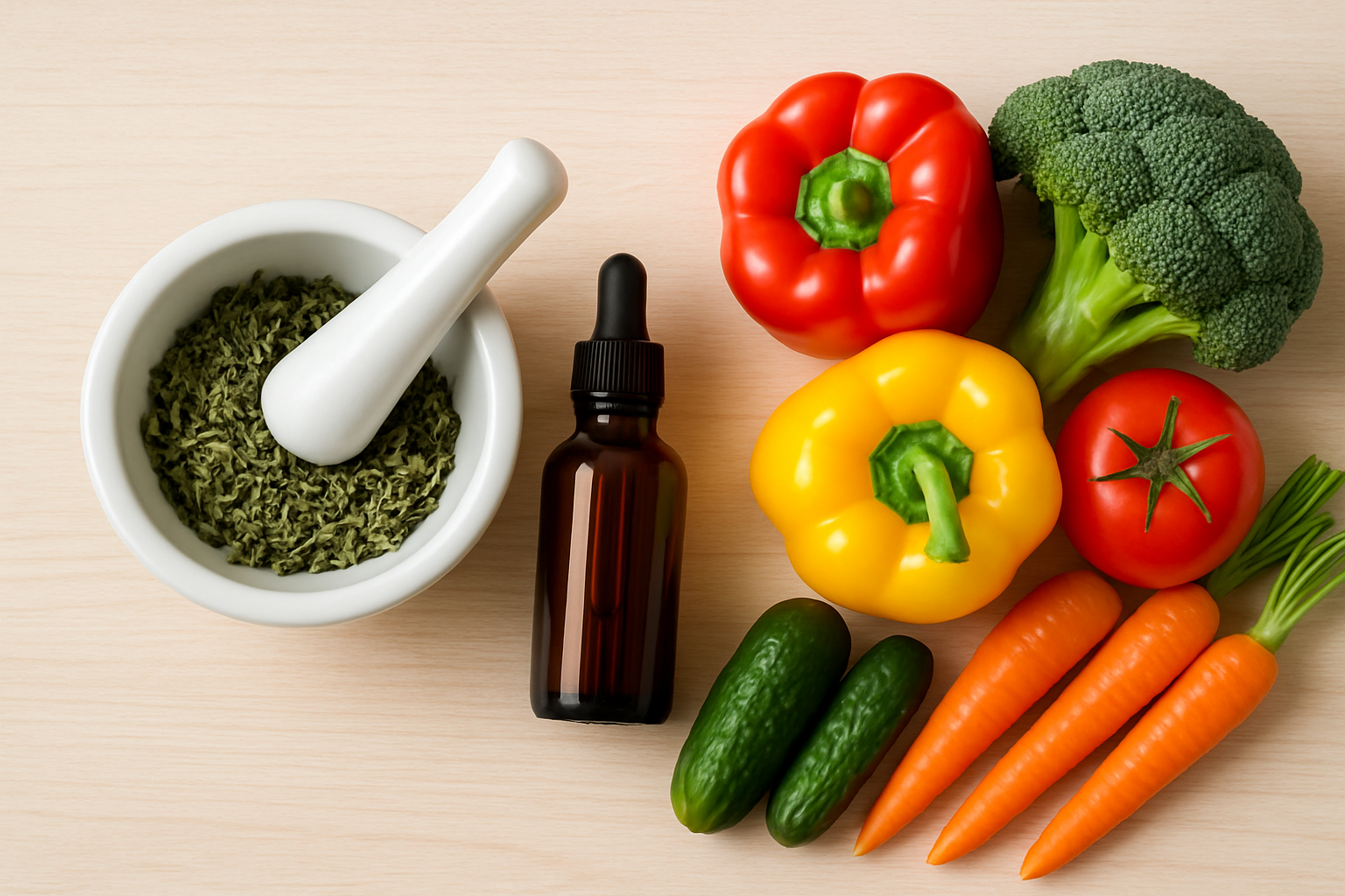 A visual comparison of naturopathy with herbs and nutrition with fresh vegetables.
